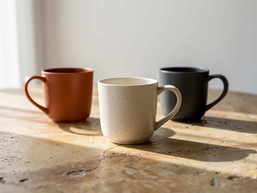 Three handcrafted ceramic mugs on a warm stone table