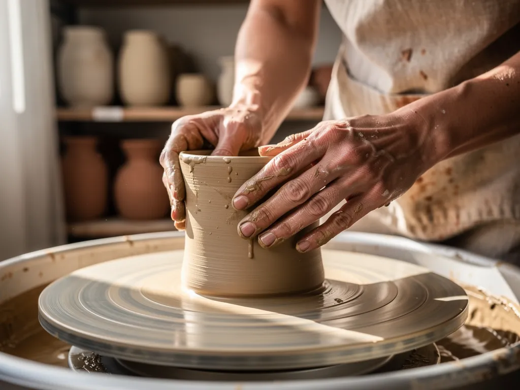 Maker shaping a ceramic mug by hand