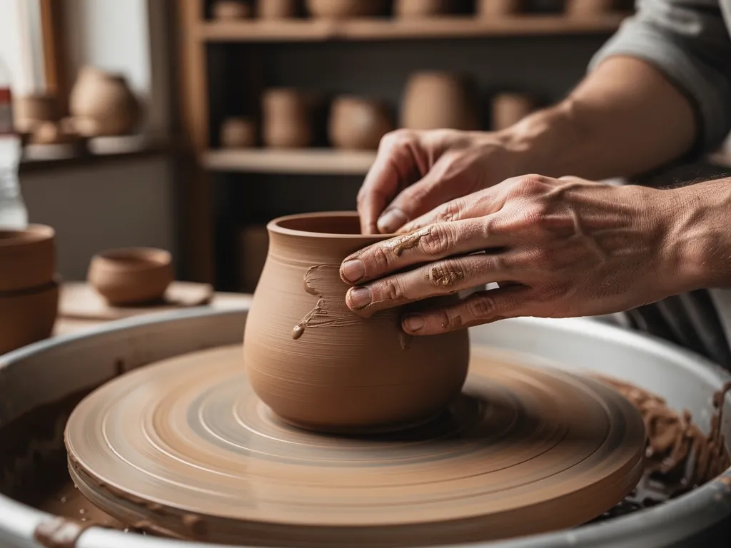 Ceramic maker shaping a warm clay mug on a pottery wheel