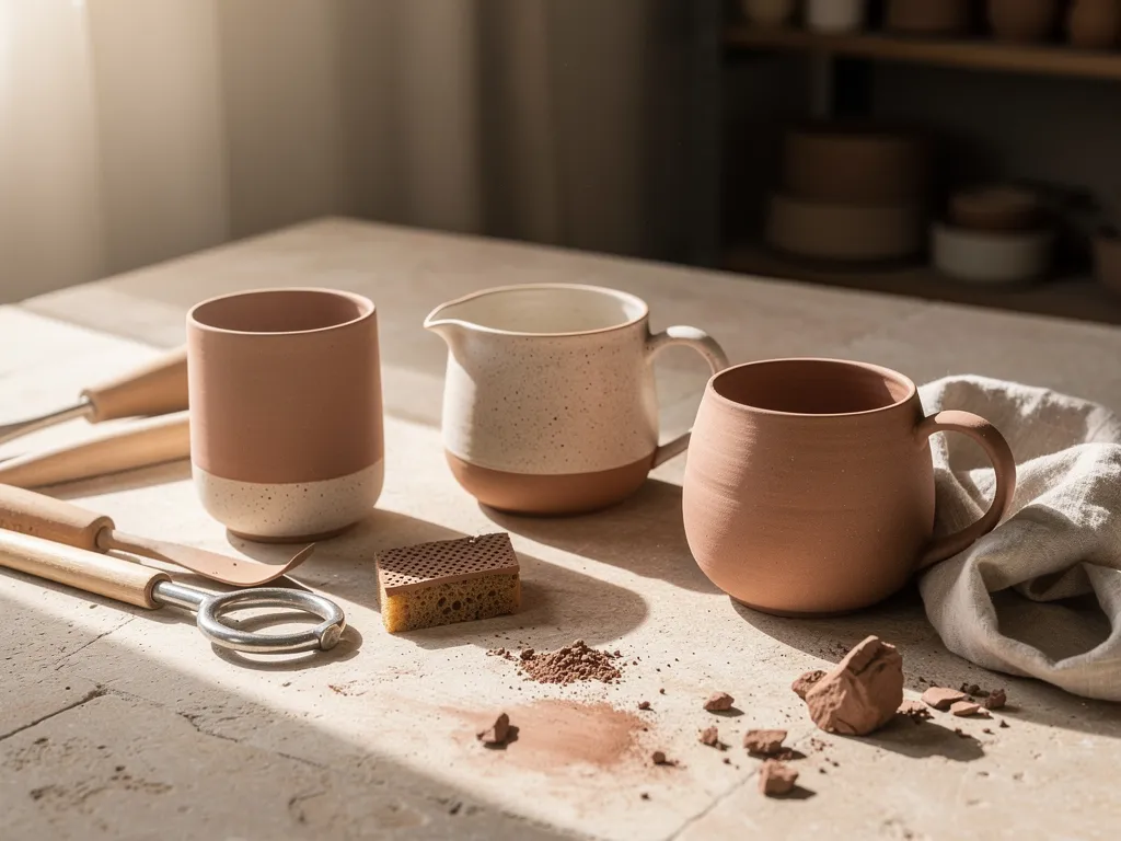 A quiet ceramic studio table with handmade mugs, clay tools, and warm morning light