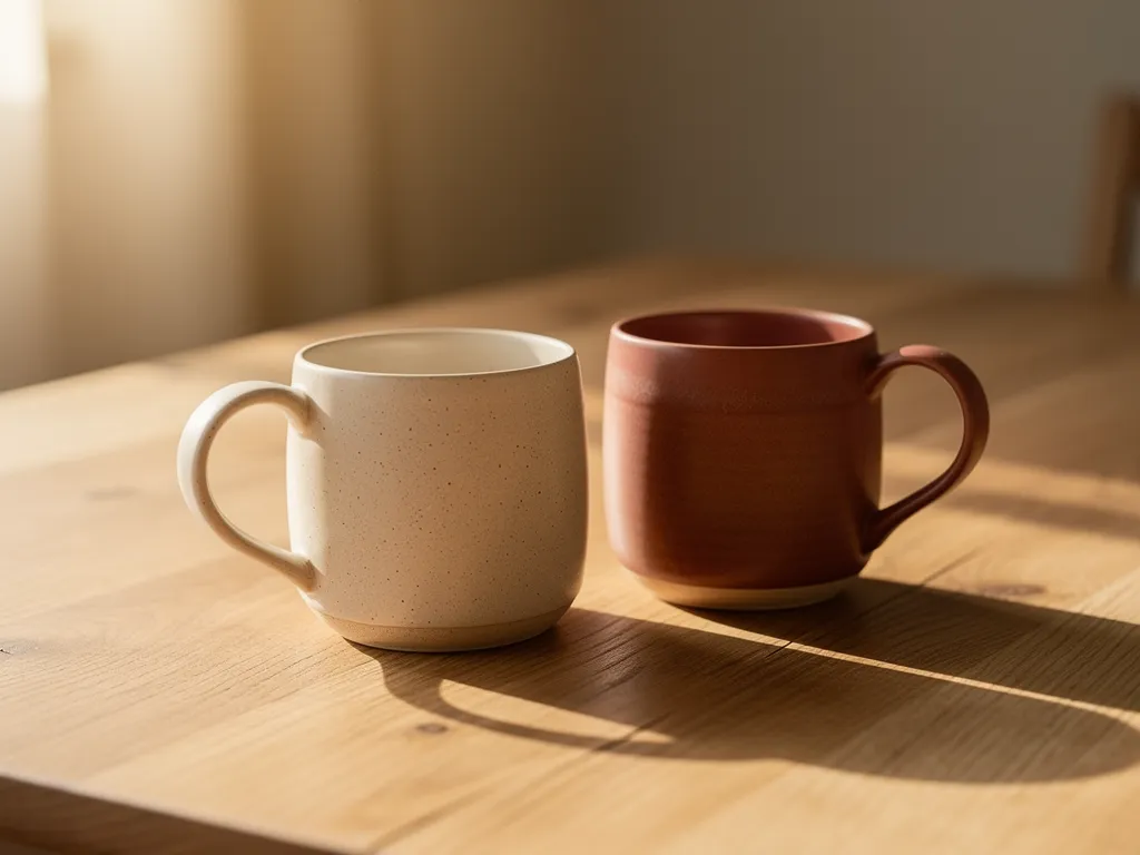 Two warm neutral ceramic mugs in the Morning Pair set
